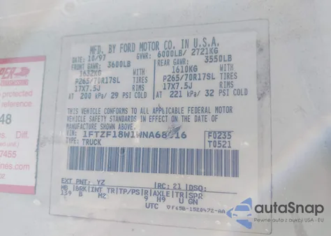 1998 Ford F-150 Lariat/Standard/Xl/Xlt z USA, uszkodzony, nr VIN 1FTZF18W1WNA68016